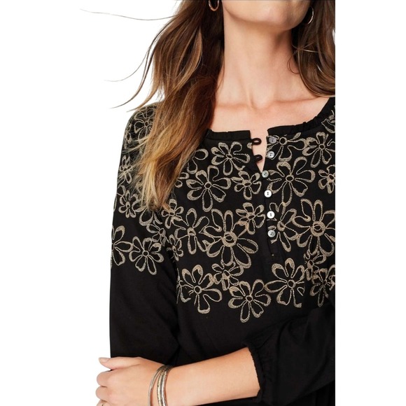 J.Jill Embroidered Floral Blouse Top Black Beige 3/4 Sleeve Size Small - Picture 1 of 8
